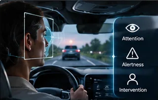 Driver monitoring system overlay tracking attention and alertness