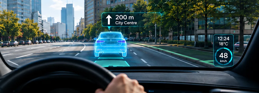 Windscreen head-up display showing an AR navigation arrow and a virtual lead car