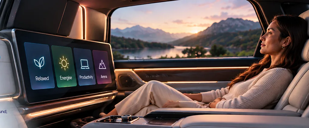 Rear passenger reclining beside a screen offering Relaxed, Energise, Productivity and Arena cabin modes