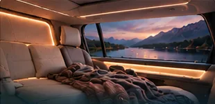 Softly lit cabin with blankets at sunset