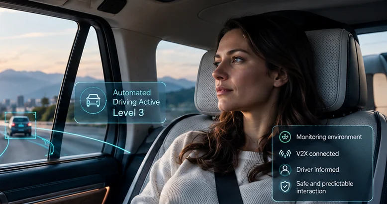 Passenger relaxing while an overlay shows Automated Driving Active, Level 3