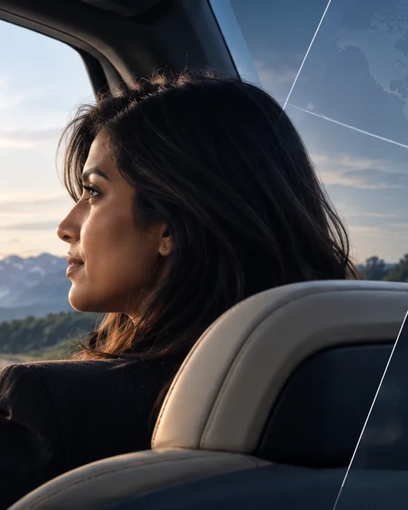 A passenger looking out of a vehicle window at mountains and a lake at sunset