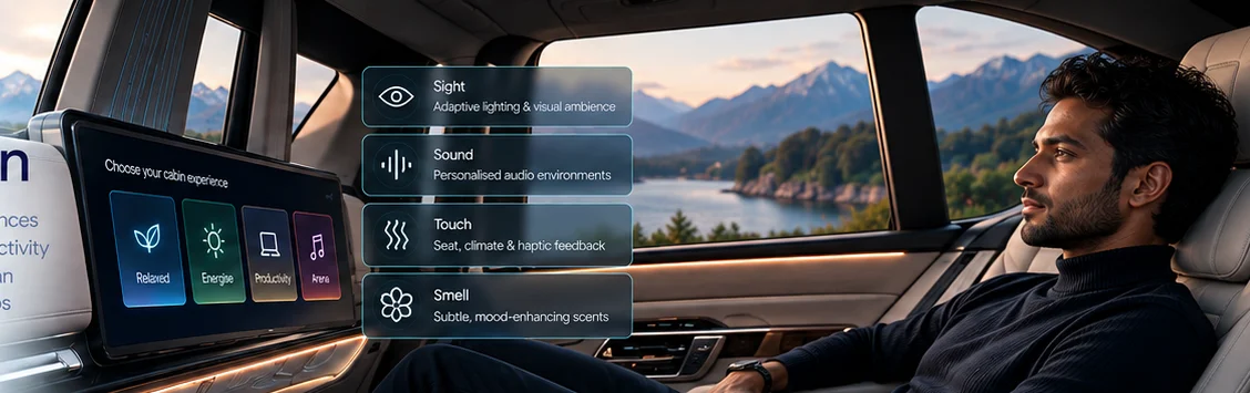 Passenger beside a cabin screen with sight, sound, touch and smell settings
