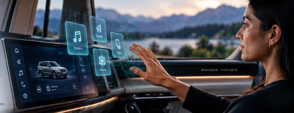 Driver reaching towards floating holographic controls beside the centre screen