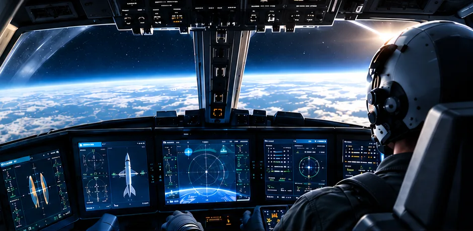 Pilot in a spaceplane cockpit looking out at Earth from orbit