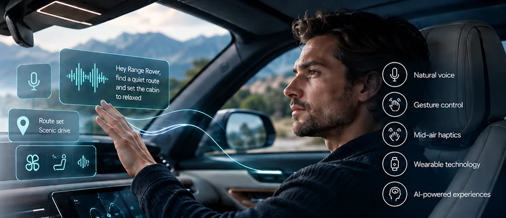 Driver using a mid-air gesture to interact with holographic voice and navigation controls